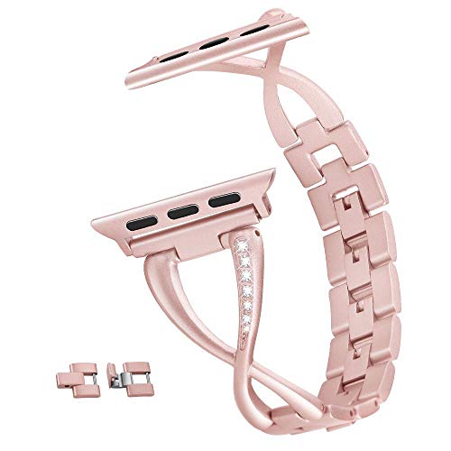 Moonooda Stainless Steel Watch Band compatible with apple watch band 42mm 44mm, Women Girl Fashion Wristband Replacement for iWatch Series 6 5 4 44mm, and 3 2 1 42mm,Rose Gold