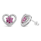 10k White Gold, Created Red Ruby and natural Diamond in a Heart Shaped Stud Earring, Birthstone of J