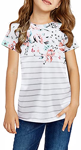 Storeofbaby Floral Top For Girls Summer Casual Tee Shirts Loose Crewneck Blouse A White #TOP12