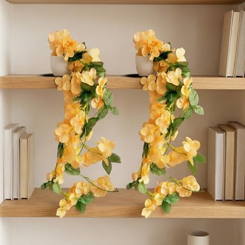Image of Dekorly Artificial Hanging Garland with Pot - 100cm Vine |10cm Decorative Pot for Table |Shelf & Wall Decor | (2, Yellow)