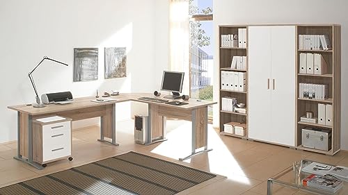Büro Möbel Komplett Set Office in Eiche Sonoma und Weiß – Komplett Sets Home Office Arbeitszimmer - Verschiedene Set Varianten wählbar (Komplettbüro klein in Eiche Sonoma und Weiß)