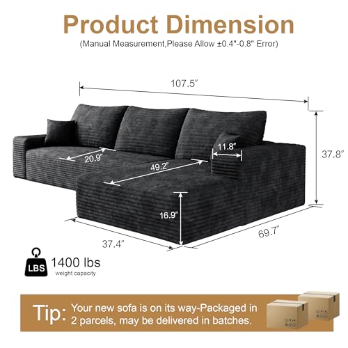 Image of 96 inch Sectional Couches for Living Room Cloud Couch Sofa with L-Shape Upholstered Boneless Couchs Modern Modular Sectional Couch with Chaise