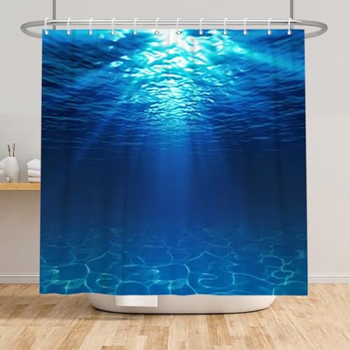 Xiaoterna Ocean Shower Curtain Water Shower Curtain Summer Holidays in Beach Pool Sea Shower Curtain Deep Sea Blue Ocean Scenery Shower Curtain Machine Washable Waterproof Fabric 240x180cm - Image 3