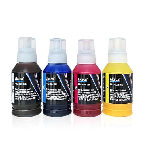akaca Tinta de Sublimación (4 x 127 ml) Transferencia de Prensa de Calor en Camiseta, Taza, Cajas del Teléfono, etc., Compatibles con Epson EcoTank Supertank Impresoras ET-2760 ET-2800 ET-2803 ET-2850