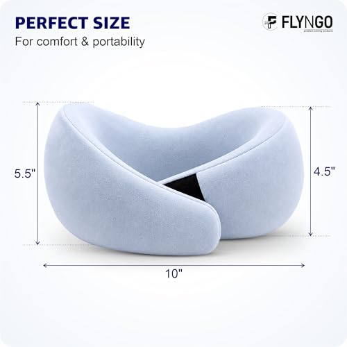 Image of FLYNGO Memory Foam Neck Pillow for Travelling, Car, & Flight Head Rest Travel Neck Support Pillow with Adjustable Velcro Strap, Eye Mask (Ice Blue)