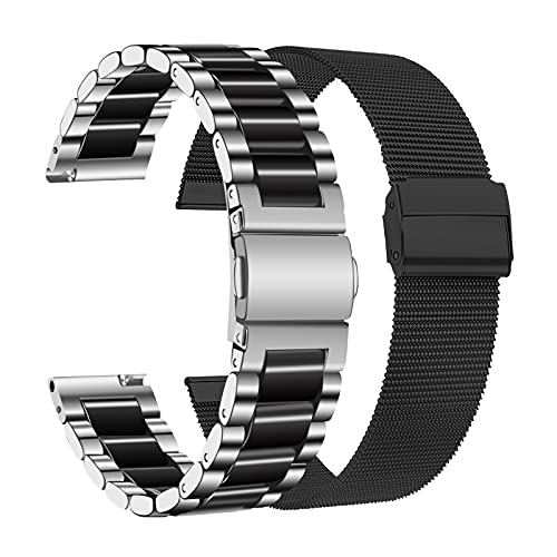 LAXMR Compatible with Samsung Galaxy Active 2 40mm 44mm Galaxy Watch 3 41mm for Men Women, 2 Pack 20mm Stainless Steel Metal Band + Mesh Replacement Strap for Galaxy Watch 42mm (Silver Black+Black)