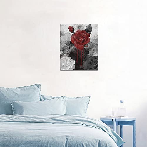 Vintage Rose Painting Canvas Wall Art, Retro Black And White Red Rose Flower Ink Painting Picture Print, Modern Rose Wall Decor Floral Artwork Poster Framed For Living Room,Bedroom Bathroom 12"X16" #TOP4