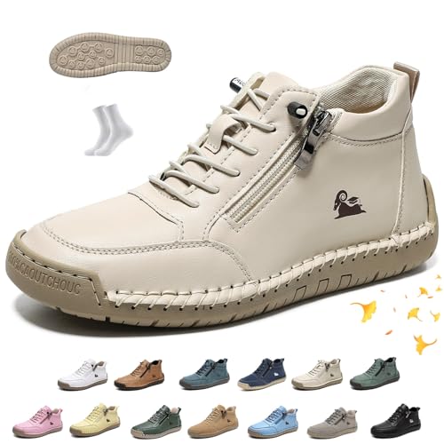 Handgefertigte Damen-Ankle-Boots,vogldeck – wasserdichte und Bequeme orthopädische Outdoor-Schuhe von Beck,leichte,rutschfeste Slip-on-Sneaker Freizeit Wandern BarfußSchuh(Beige,40 EU)