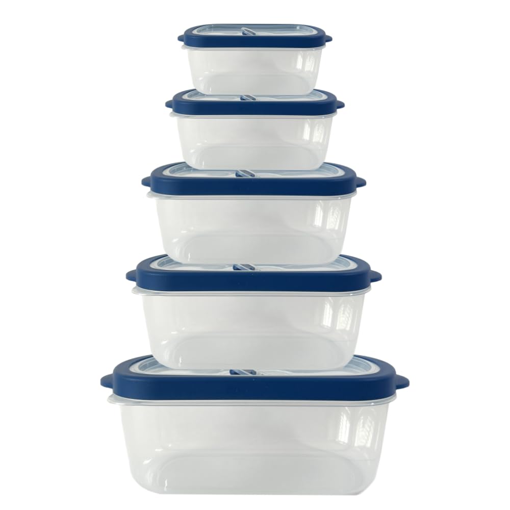 GODAGE 10-Piece Rectangle Food Storage Containers with Vented Lids, Airtight and BPA Free, Stackable, Microwave, Freezer, and Dishwasher Safe (BLUE)