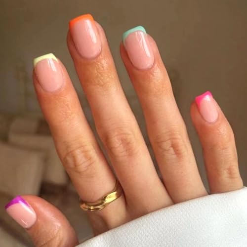 Ceboic 24 Pièces Ongles à Coller Carrés Courts, Bordure Colorée French Press on Nails, Naturel Artificiel Ongles Acrylique, Réutilisable Couverture...