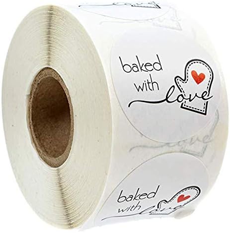 Baked with Love Stickers Labels, Baked with Love Stickers Personalized for Making, Bakeries, Bake Sales, Weddings, Baby Showers 1 Inch 500 Labels per roll(Baked White)
