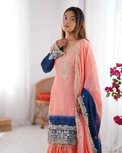 Image of Pandadi Saree Women's Chinon Silk Embroidery Kurta Sharara Set With Dupatta.