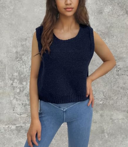 Image of chouyatou Women's Y2K Backless Crop Sweater Vest Back Tie Knot Crewneck Sleeveless Knit Vest Tank Tops