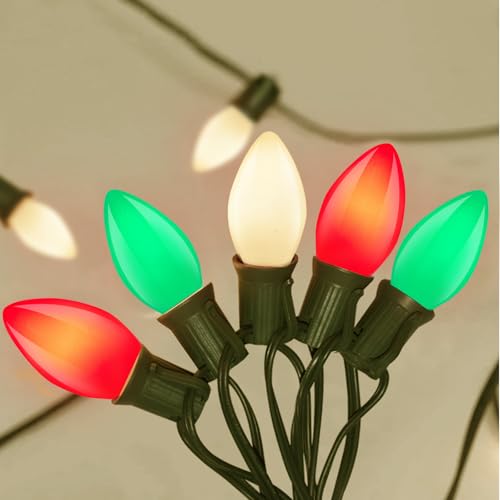 Image of GOOTHY C7 Christmas String Lights, 25Ft Outdoor Decorations with 27 LED Red White and Green Shatterproof Bulbs, Hanging Patio Lights for Tree Backyard Holiday Party Decor