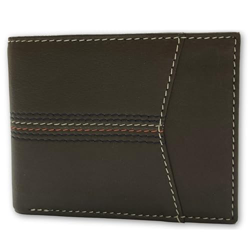 RIVET & BURR Genuine Leather Men’s Bifold Wallet for Men – RFID Blocking, Multi-Color Contrast Stitch – Gift Box, Keychain & Vanity Tray (Brown)