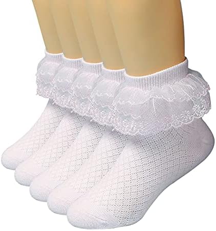 Looching 5 Pairs Toddler Baby Girls Ruffle Lace Trim Socks Eyelet Cotton White Frilly Ankle Soft Dress Socks Kids Princess Socks 2-13T (White, 2-3T)