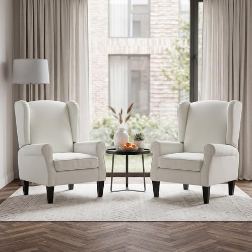 LSSBOUGHT Wingback Accent Chair with Nailhead Trim,Mid Century Modern Armchair for Living Room & Bedroom (Linen Beige, Set of 2)