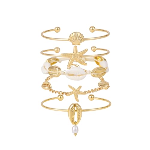 Shell Bracelet Seashell Boho Beaded Stretch Bracelets for Women Summer Beach Bracelets Starfish Charm Bracelet Stackable Gold Bracelets Set for Women Jewelry Gifts