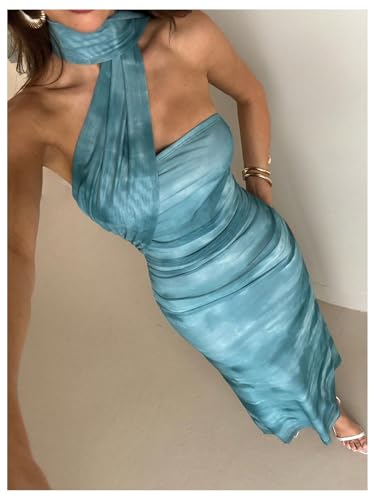 Image of Milumia Women's Halter Floral Bodycon Dress Summer Vacation Sleeveless Party Cocktail Maxi Dresses