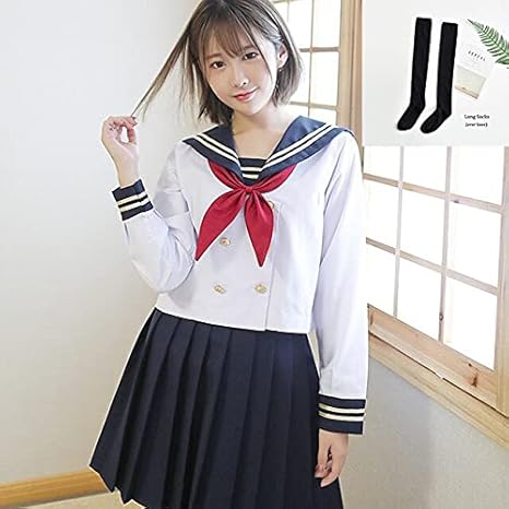 Amazon Co Jp Cesulis ホワイト2行日本人の女の子学校制服ミドル女子校生セーラー服ノベルティ日本学生制服 Jk 制服 Color Long Set With Socks Size S ドラッグストア