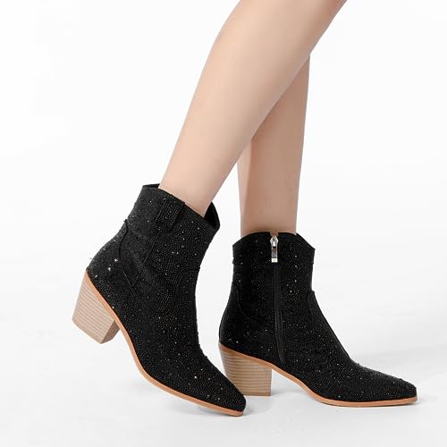 Image of olomisa Rhinestone Booties for Women, Sparkly Cowgirl Boots Pointed Toe Chunky Heel Rhinestone Cowboy Ankle Booties