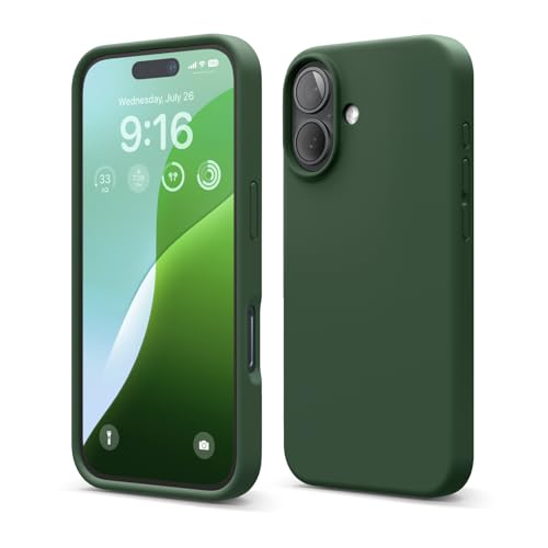 Image of elago Compatible with iPhone 16 Case, Premium Liquid Silicone Case, Full Body Protective Cover, Shockproof, Slim Phone Case, Anti-Scratch Soft Microfiber Lining, 6.1 inch (Alpine Green)