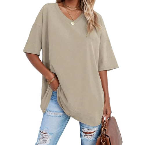 Zhiaek Camisetas Manga Corta Mujer Classic tee Camiseta Mujer Blusas de Moda Verano Mujer Tops Mujer Camisas Oversized Color Sólido V Neck Camisa Manga Corta