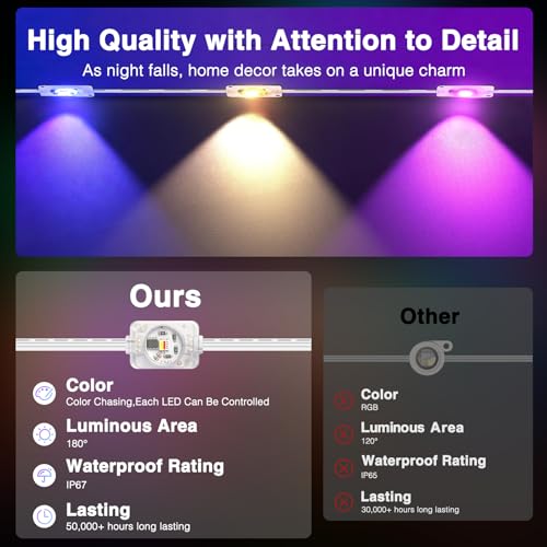 iMaihom Permanent Outdoor Lights, 100ft RGB Color Chasing String Lights with 16 Million Colors and 33 Scene Modes, App Control, IP67 Waterproof Smart Lights for House, Roofline, Patio, Backyard - image 8