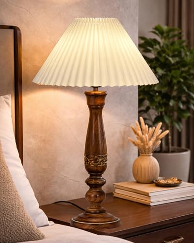 Image of Homesake Floral Carved Wood Table Lamp with Shade | Handcrafted Bedside Lamp, E27 Holder| Bulb Included |Warm Light Night Lamp, Bedroom, Living Room, Study & Home Decor, (Pleated White)