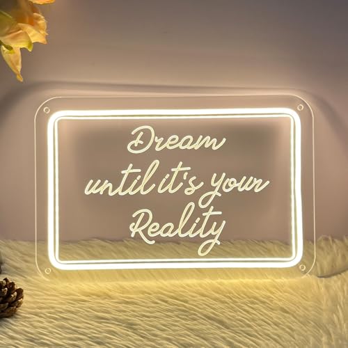 Image of Neon Sign Dream Until It's Your Reality For Wall Decor 3D Art Carving Design Indoor Bedrooms Backdrop Flex Christmas Party Wedding Living Room Birthday Girl Boy Women Gift (Warm White,USB,30x20CM)