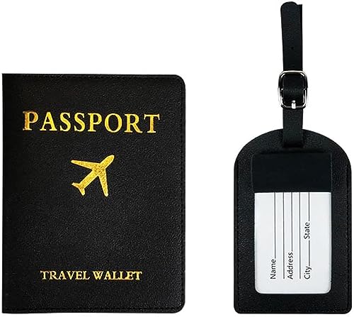Image of House of Quirk Luggage Tag and Passport Protector Set, Plane Pouch Passport Suitcase Identification Leather Tag Luggage Tags for Children School Bag (Black)