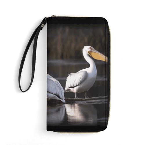 Three Pelicans Leather Wallet Smooth Zip Around Clutch Wristlet Travel Long Soft Purse for Women