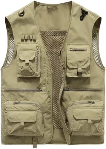 CwccLSH Multifuncional Chaleco Multibolsillos for Exteriores, Chaleco táctico for Senderismo, Pesca, fotógrafo, Chaqueta de Malla sin Mangas Tipo Cargo(Khaki,XL)