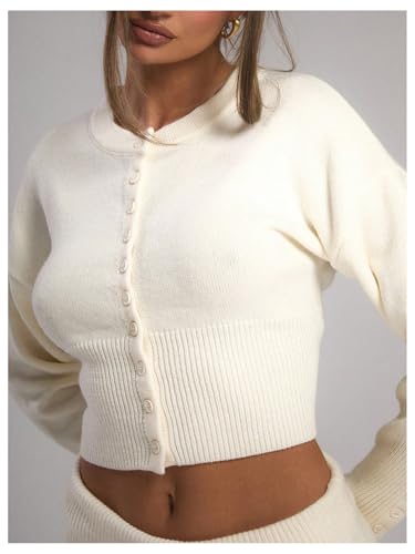 GORGLITTER Women's Button Up Cropped Cardigan Sweaters Long Sleeve Crew Neck Knit Slim Fit Pullover Tops4