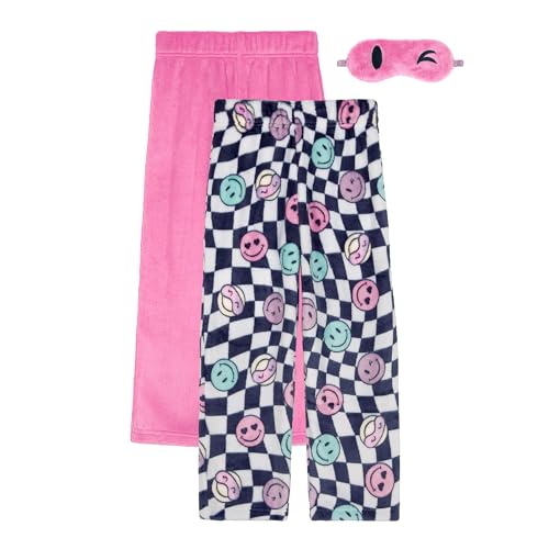 Saint Eve Kids Girls Fuzzy 2 Pack Pajama Pants & Matching Sleep Mask - Super Soft Fleece Pajamas - Sleep & Lounge PJ Pants Sleepwear for Kids, Pink Smiley, X-Large