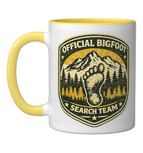 Official Bigfoot Search Team | Retro Vintage Sasquatch Ceramic Mug, Yellow/White
