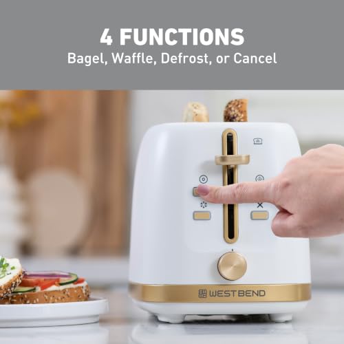 Image of West Bend Timeless 2-Slice Toaster with 7 Browning Levels, Bagel /Waffle /Defrost Settings, High-Lift Lever, Anti-Jam, Easy-Clean Crumb Tray, 2-Slice, White /Gold