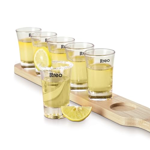 Image of Treo By Milton Rally Shot Glasses with Stylish Wooden Tray I Premium Crystal Clear Glass, for Whiskey Shot, Vodka Shot, Tequila Shot, Liquor Shot,Wine Tasting,Cocktail,Set of 6, 50 ml Each