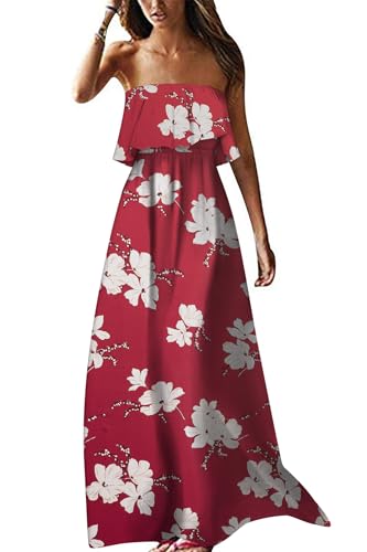 Image of ZMPSIISA Women's Summer Off The Shoulder Maxi Dress Ruffle Strapless Blue White Porcelain Boho Casual Loose Long Dresses