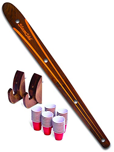 GoPong Slamski | Vintage Wood 4 Person Drinking Ski with 50 Plastic Shot