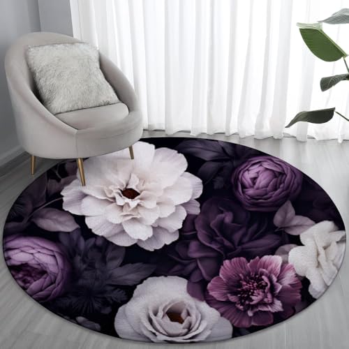 Peony Floral Round Rug 4 ft - Washable & Non-Slip