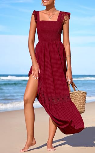 Image of PRETTYGARDEN Women's Smocked Summer Maxi Dresses 2026 Ruffle Cap Sleeve Square Neck Lace Detail Flowy Sundress with Pockets