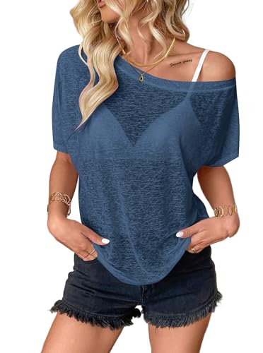 Image of Hilinker Women's Sheer Off The Shoulder Tops See Through Sexy Short Sleeve Mesh Shirt Summer