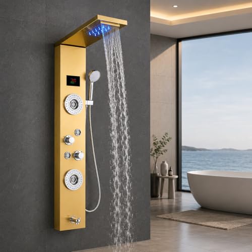 Image of Stainless Steel 304 Grade Shower Panel 8in1+ Extra Large 3Ways Hand Shower With LED Rainfall Waterfall 2Body Massage 4Mist Spray Temperature Display Shower Panel (Gold)