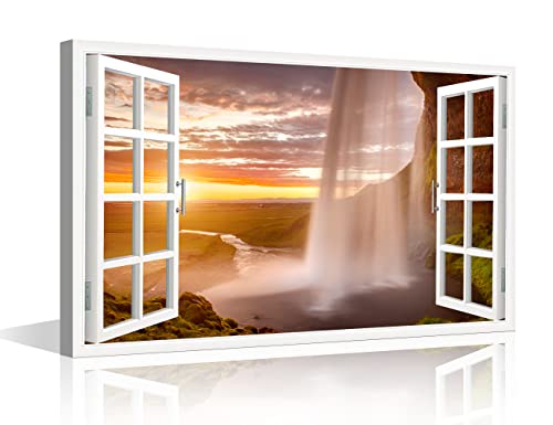 Canvas Wall Art Window View, Majestic Waterfall Home Decor Outdoor Natural Landscape Wall Decorations for Living Room Bedroom Bathroom Office Modern Giclee Framed Artwork Ready to Hang(36" W x 24" H)