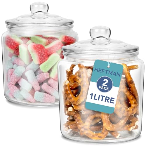 HEFTMAN Lot de 2 bocaux en verre avec couvercle – 2 bocaux vides transparents de 1 litre avec couvercle hermétique – Bocaux d'apothicaire en verre robuste...