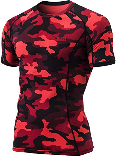 TSLA Mens Cool Dry Compression Baselayer Short Sleeve T-Shirt, Athletic(mub23) - Camo Red