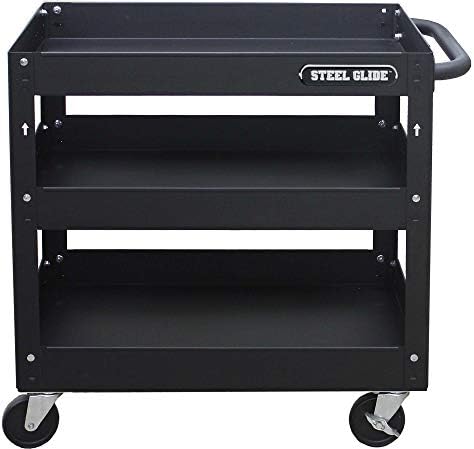 Steel Glide 3-Tray Industrial Commercial Service Cart, 300 LB Capacity, Black 28.1 x 17 x 30 in. on wheels