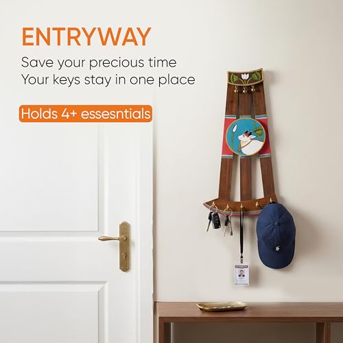 Image of AAKRITI ART CREATIONS Key Holder, Pichhwai Cow Key Hangers | Rustic Teak Wood Wall Organizer with 5 Hooks | New Home Gifts | Multifunctional Entryway Decor Item