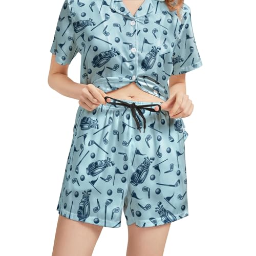 Image of Funny Pajamas for Women Set Print Satin Loungewear Pjs Short Sleeve Button Down Top and Shorts Sets Sleepwear XS-3XL